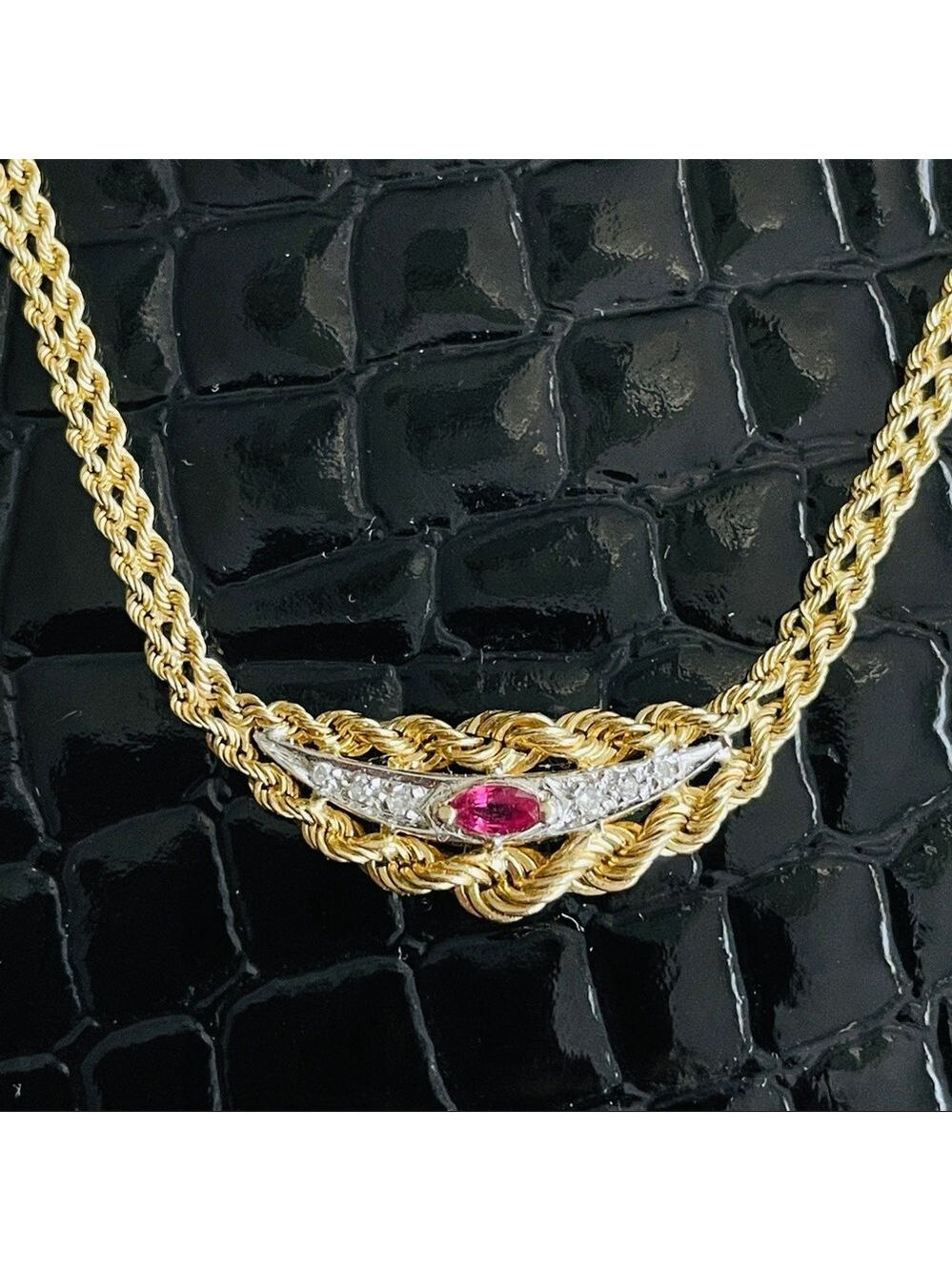 ESTATE 14K GOLD RUBY NECKLACE W/ DIAMONDS DOUBLE ROPE CHAIN
